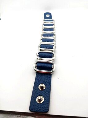 Blue Leather + Silvertone Multi Metal Buckle Bracelet 9 Inches